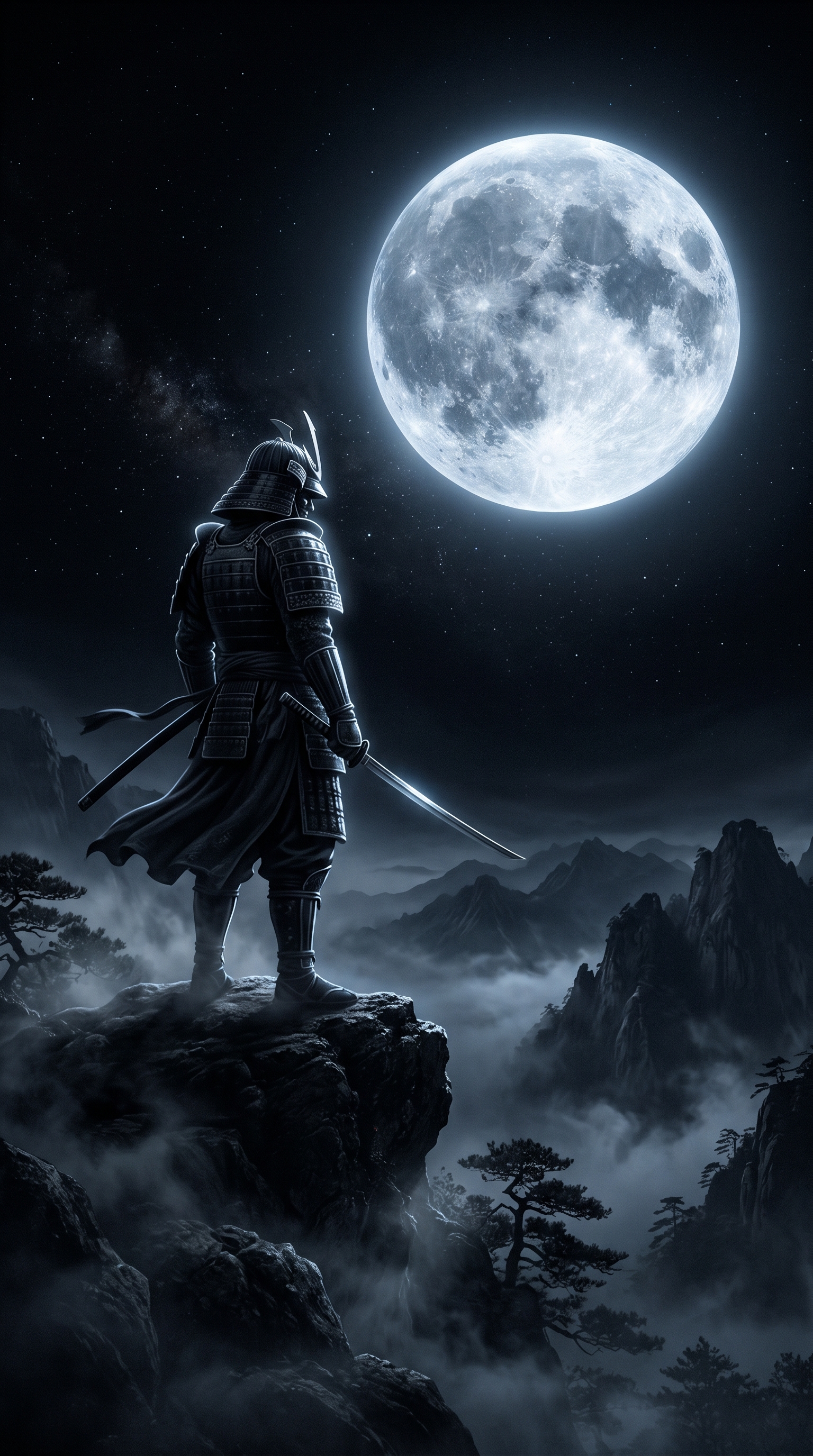 Samurai Beneath Silver Blue Moon